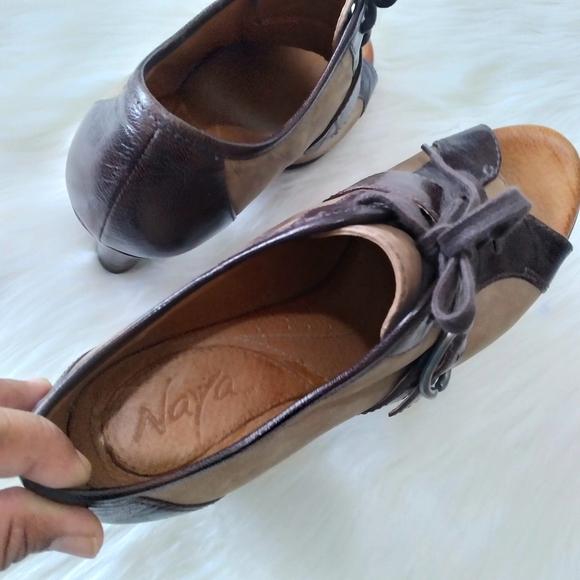 Anthropologie Naya Kasha Brown Leather Buckle Peep Toe High Heel Booties Sz 7.5M - Picture 4 of 15